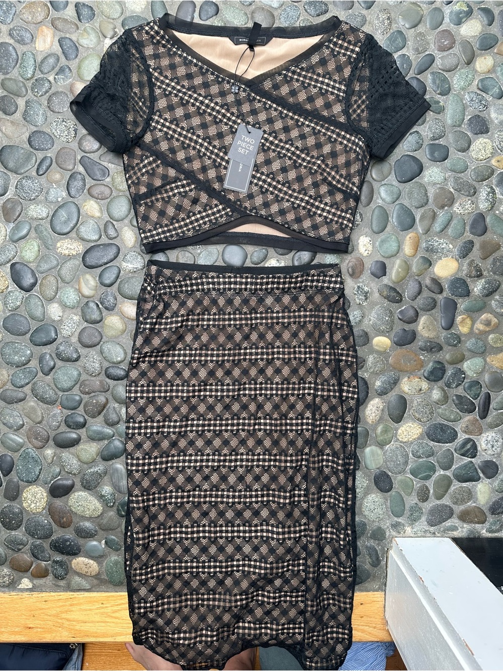 BCBG Black Lace Overlay Nude-Lined Midi Skirt Set